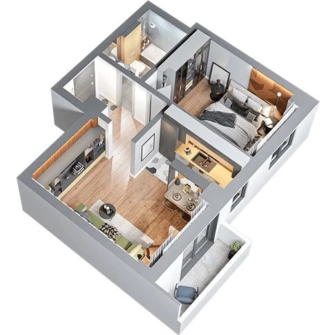 3D floor plan rendering of a one bedroom apartment with kitchen, living area, bathroom, and balcony.
