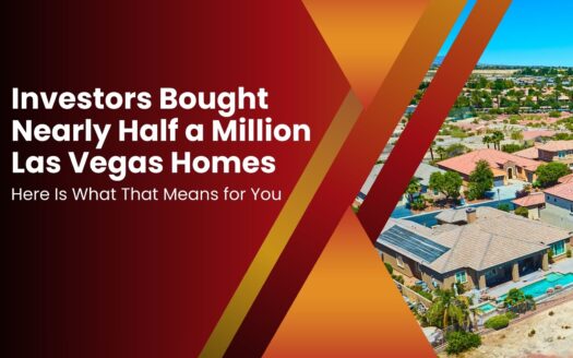 Las Vegas real estate graphic showing suburban housing and text about investors buying nearly half a million homes.